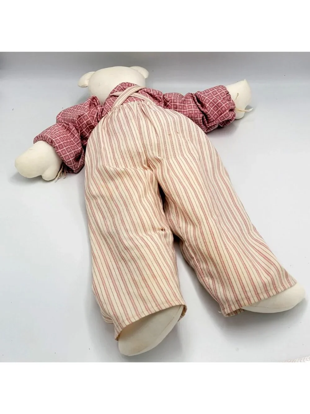 Vtg 1991 Grannycore Handmade Fabric OOAK Plush Teddy Bear in Striped Overalls